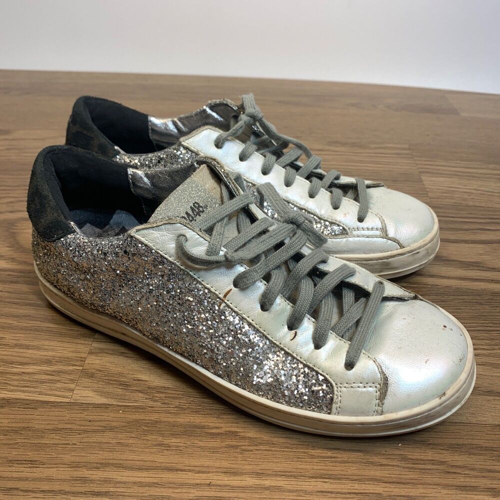 P448 John Glitter Leather‎ Sneakers White Silver Womens Size 38
